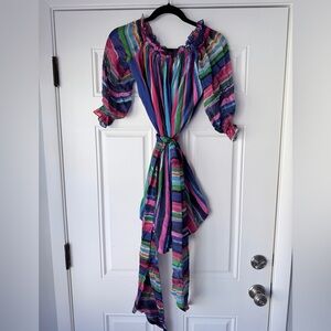 ISOLDA SIZE 4 S Mini 100% silk multicolor striped off the shoulder dress belt